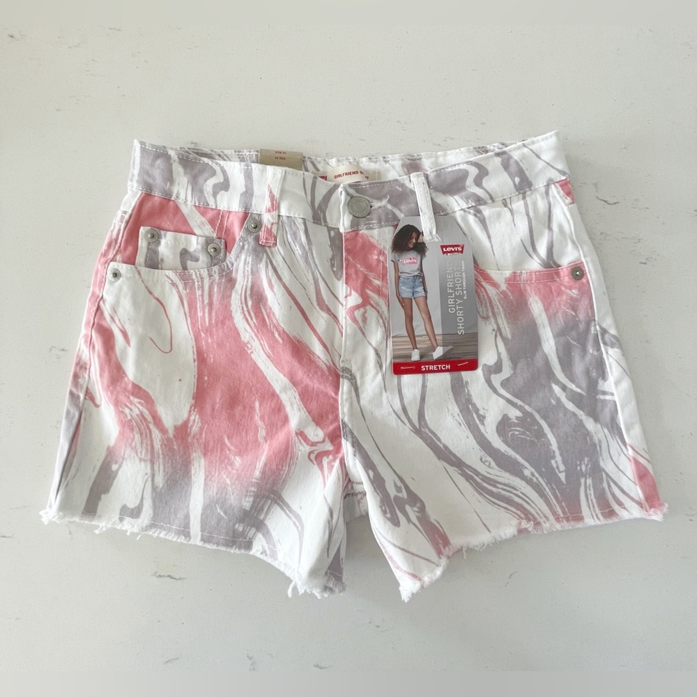 Levi’s Girlfriend Shorty Short Pink Purple White Denim Shorts Girl’s 14 NWT